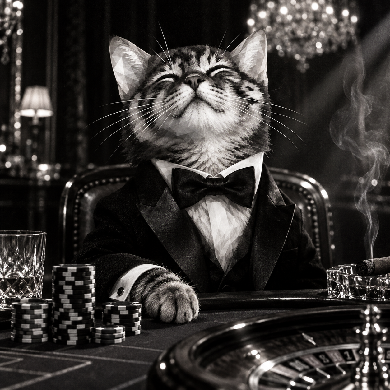 PAIDCATE in a tuxedo at a casino table with stacks of chips