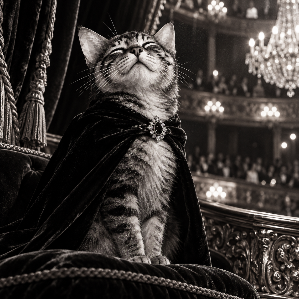 PAIDCATE in a jeweled velvet cape in an ornate opera box