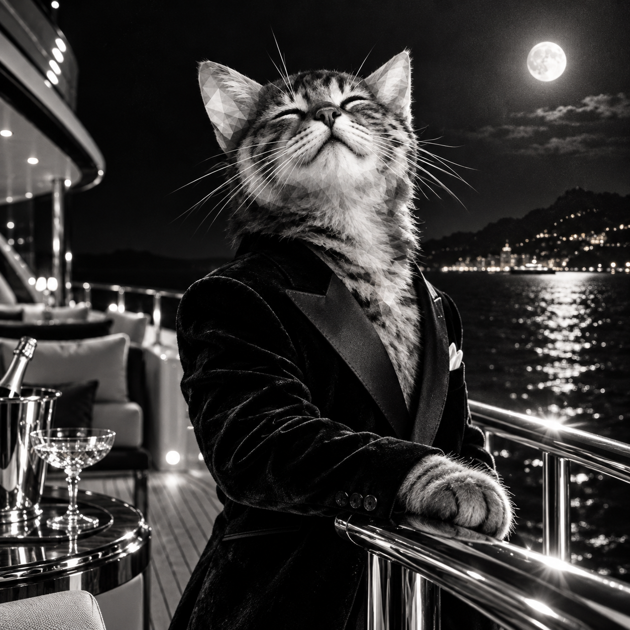 PAIDCATE in a velvet jacket aboard a yacht under the moonlight